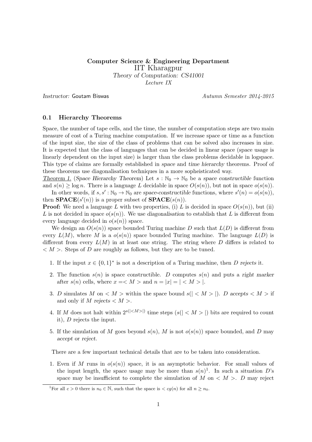 IIT Kharagpur Theory of Computation: CS41001 Lecture IX