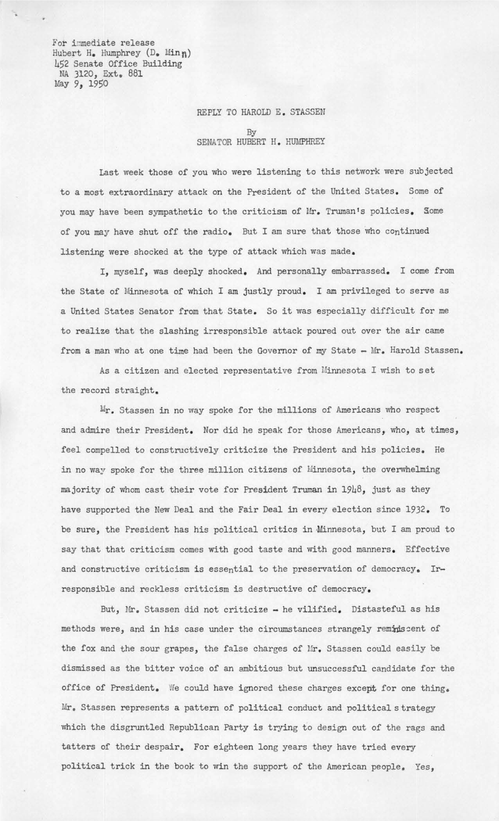 Reply to Stassen Attack on Truman, May 9, 1950