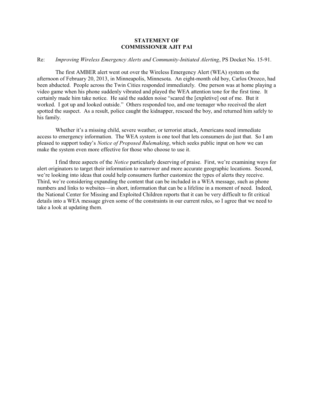 Re: Improving Wireless Emergency Alerts and Community-Initiated Alerting , PS Docket No. 15-91