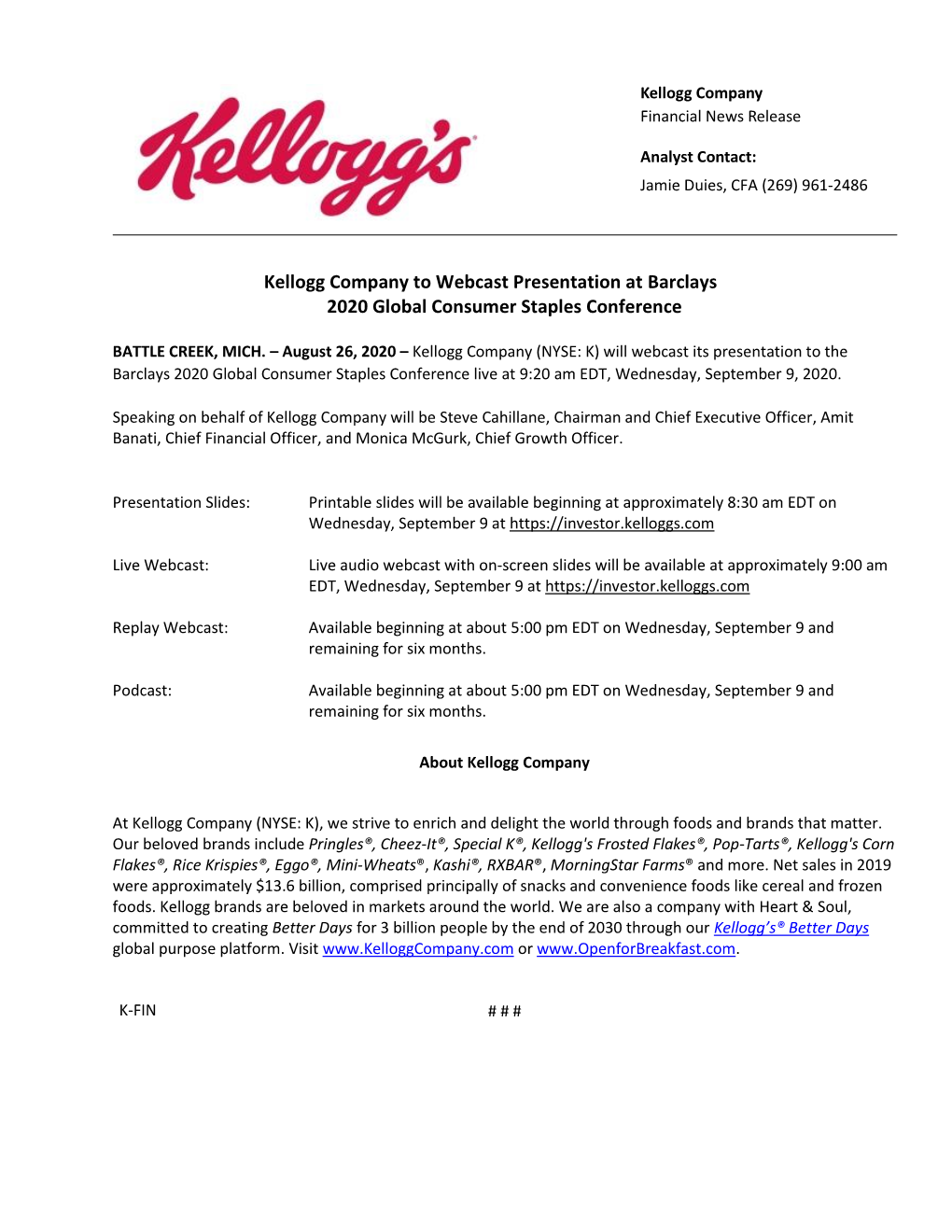 Kellogg Company News