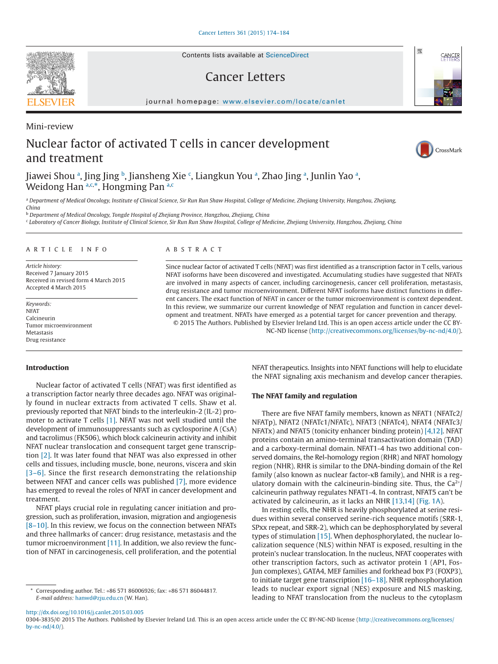 Nuclear Factor of Activated T Cells in Cancer Development and Treatment