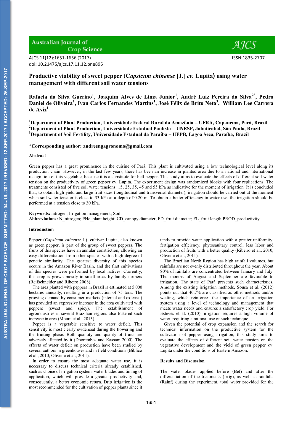 Productive Viability of Sweet Pepper (Capsicum Chinense [J.] Cv. Lupita) Using Water Management with Different Soil Water Tensio