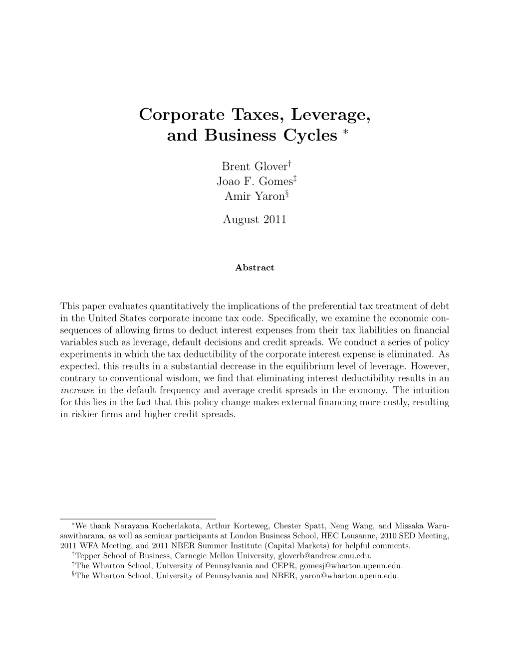 Corporate Taxes, Leverage, and Business Cycles ∗