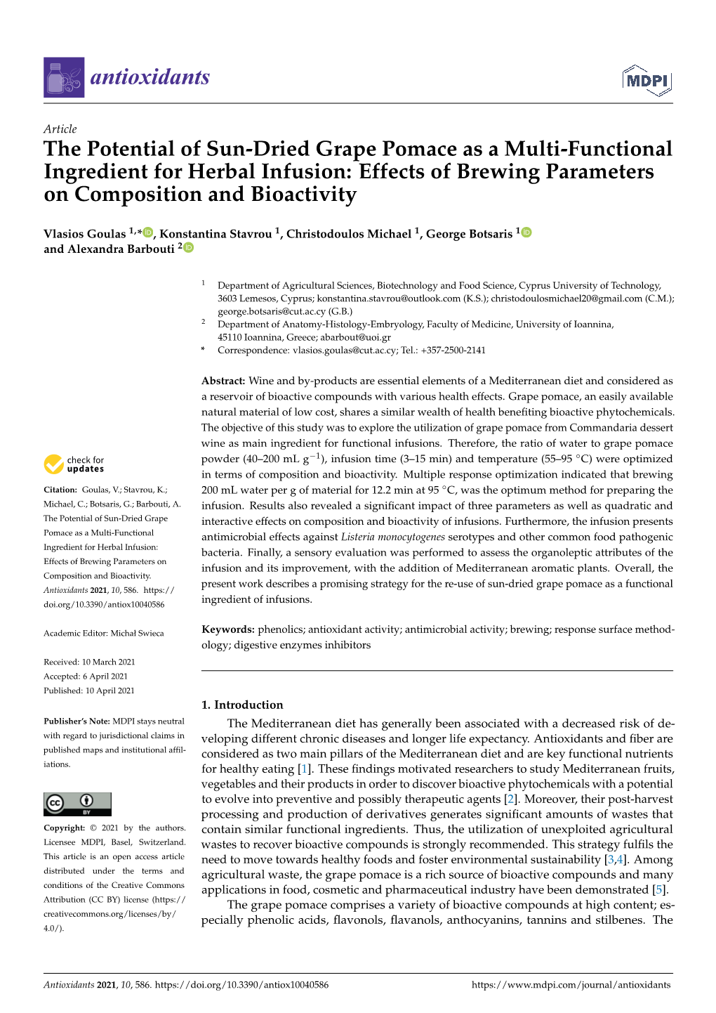 The Potential of Sun-Dried Grape Pomace As a Multi-Functional Ingredient for Herbal Infusion: Effects of Brewing Parameters on Composition and Bioactivity