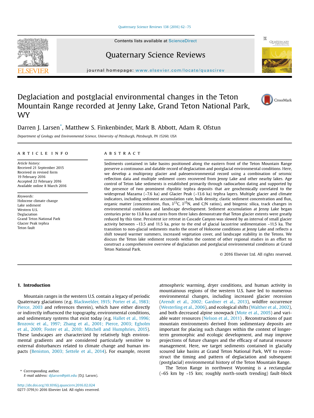 Deglaciation and Postglacial Environmental Changes in the Teton Mountain Range Recorded at Jenny Lake, Grand Teton National Park, WY