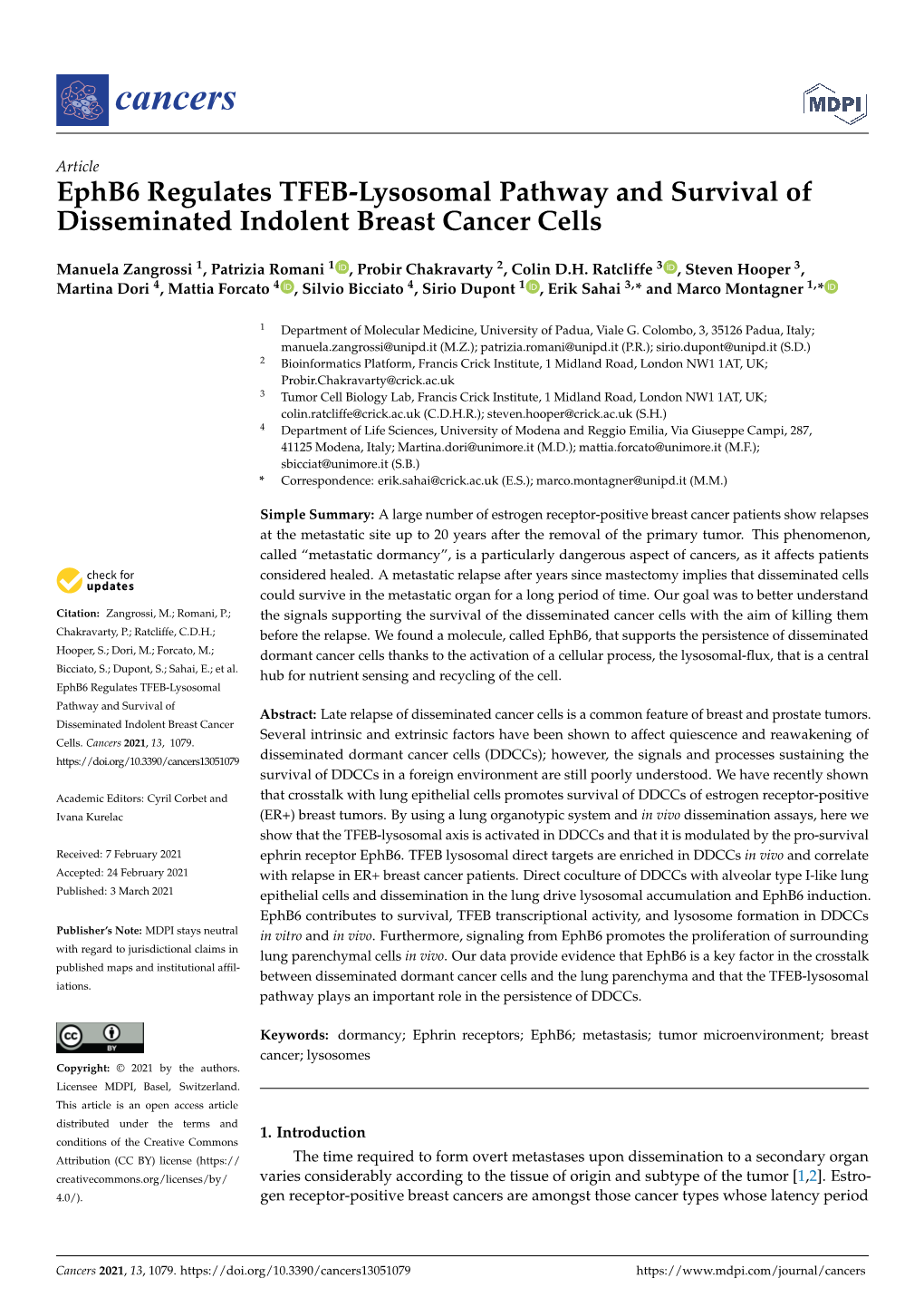 Ephb6 Regulates TFEB-Lysosomal Pathway and Survival of Disseminated Indolent Breast Cancer Cells