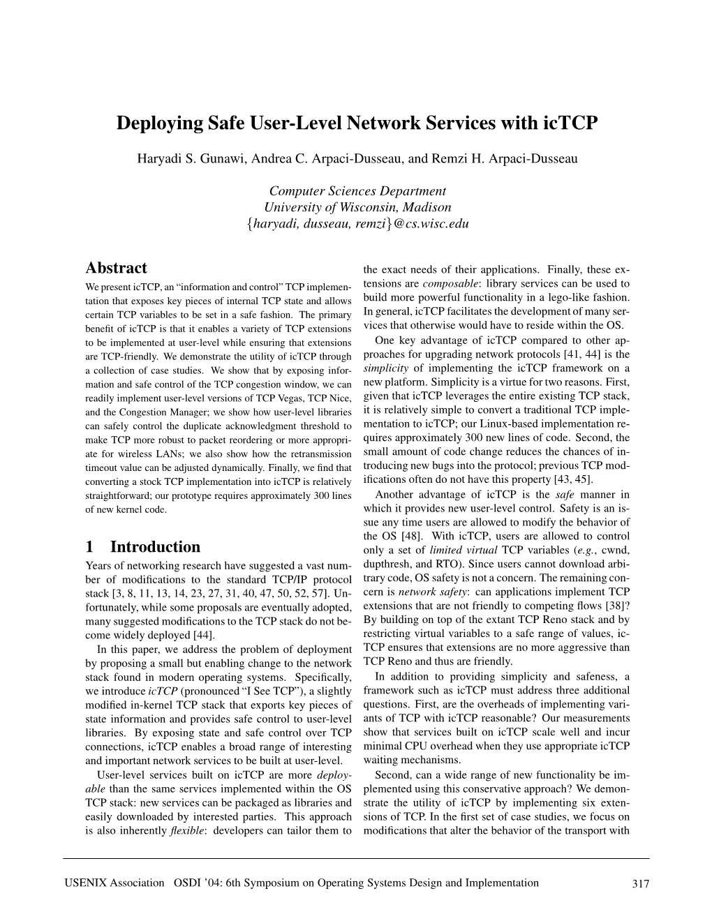 Deploying Safe User-Level Network Services with Ictcp