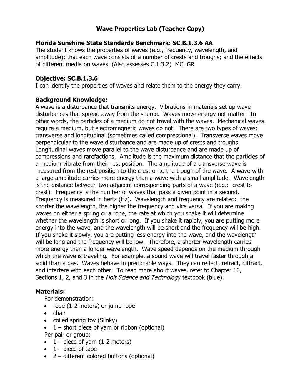 Wave Speed, Frequency, and Wavelength (Teacher Copy)