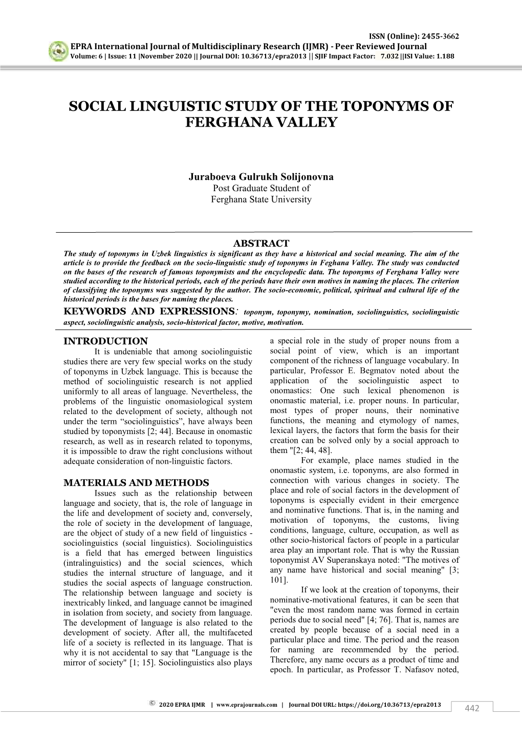 Social Linguistic Study of the Toponyms of Ferghana Valley