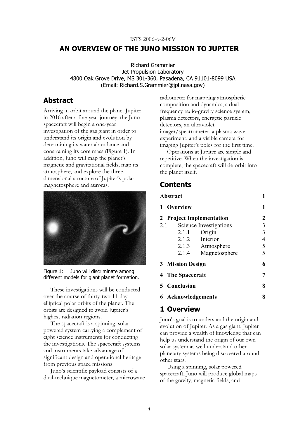 AN OVERVIEW of the JUNO MISSION to JUPITER Abstract Contents 1 Overview