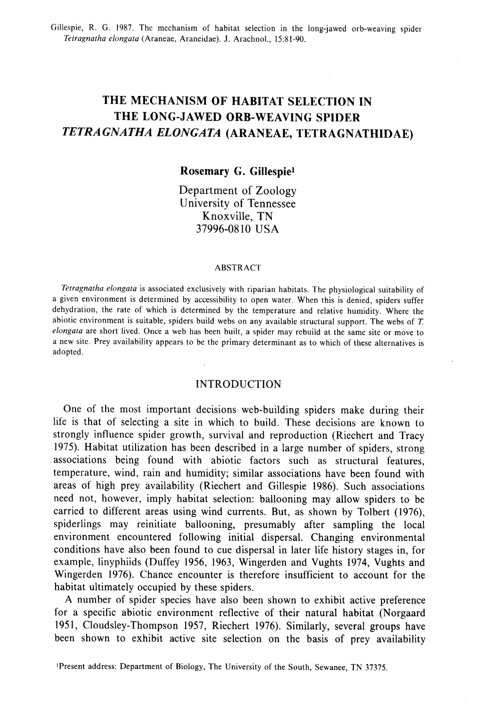 The Mechanism of Habitat Selection I N the Long-Jawed Orb-Weaving Spide R Tetragnatha Elongata (Araneae, Tetragnathidae )