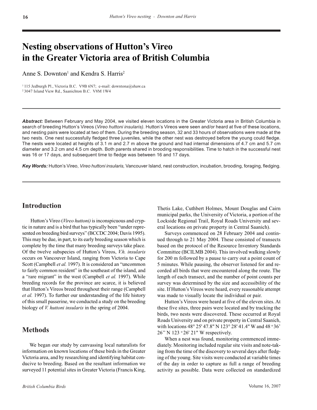 Nesting Observations of Hutton's Vireo in the Greater Victoria Area Of