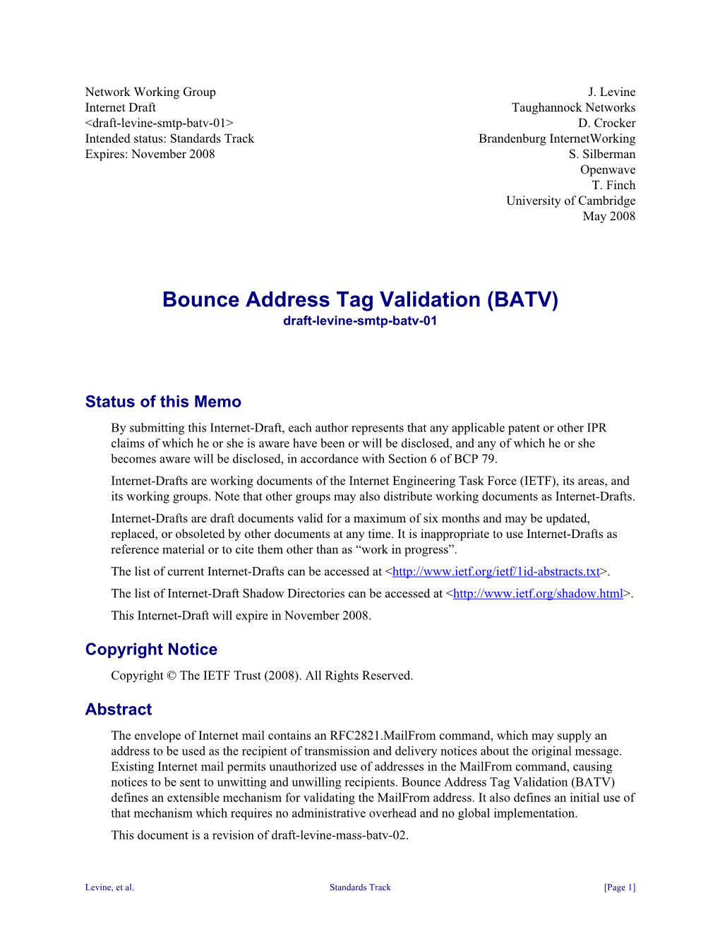 Bounce Address Tag Validation (BATV) Draft-Levine-Smtp-Batv-01