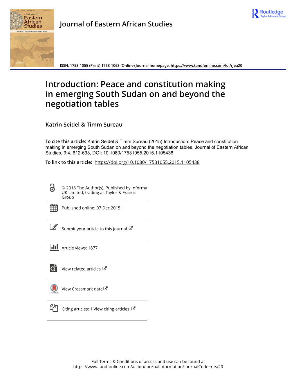 Peace and Constitution Making in Emerging South Sudan on and Beyond the Negotiation Tables