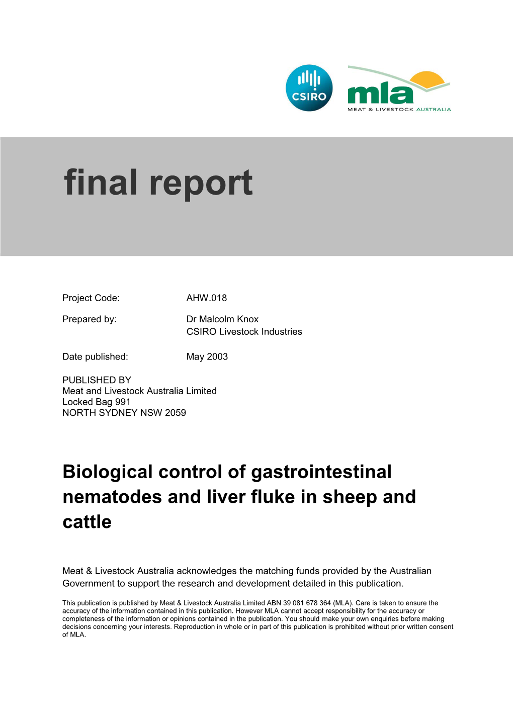 Biological Control of Gastrointestinal Nematodes and Liver Fluke in Sheep and Cattle