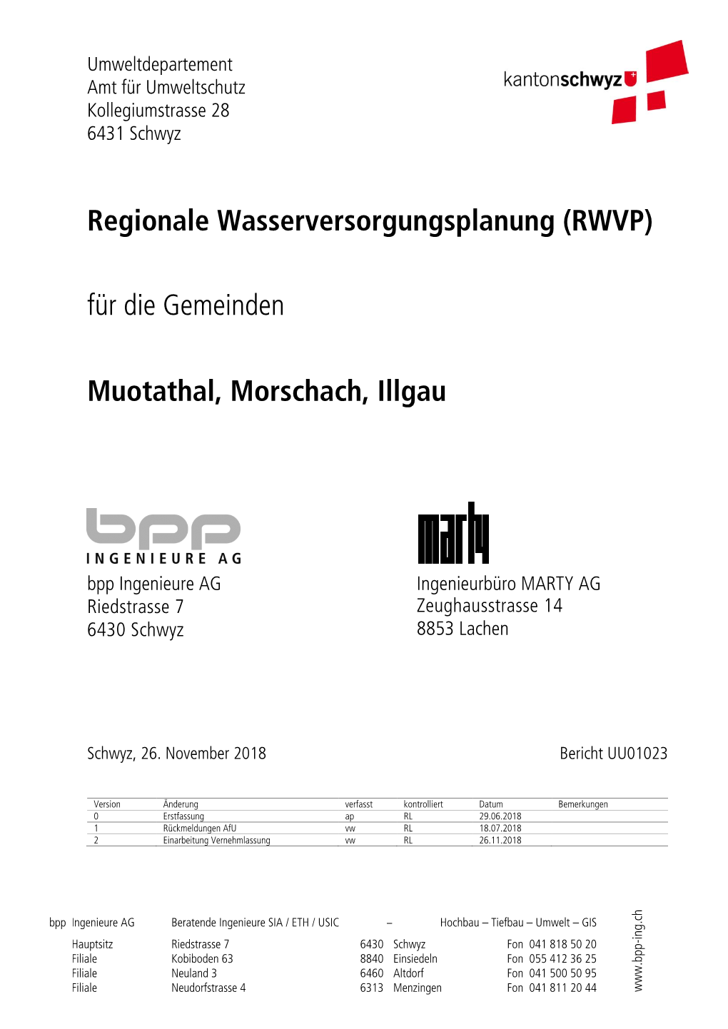 Regionale Wasserversorgungsplanung (RWVP) Für Die Gemeinden Muotathal, Morschach, Illgau