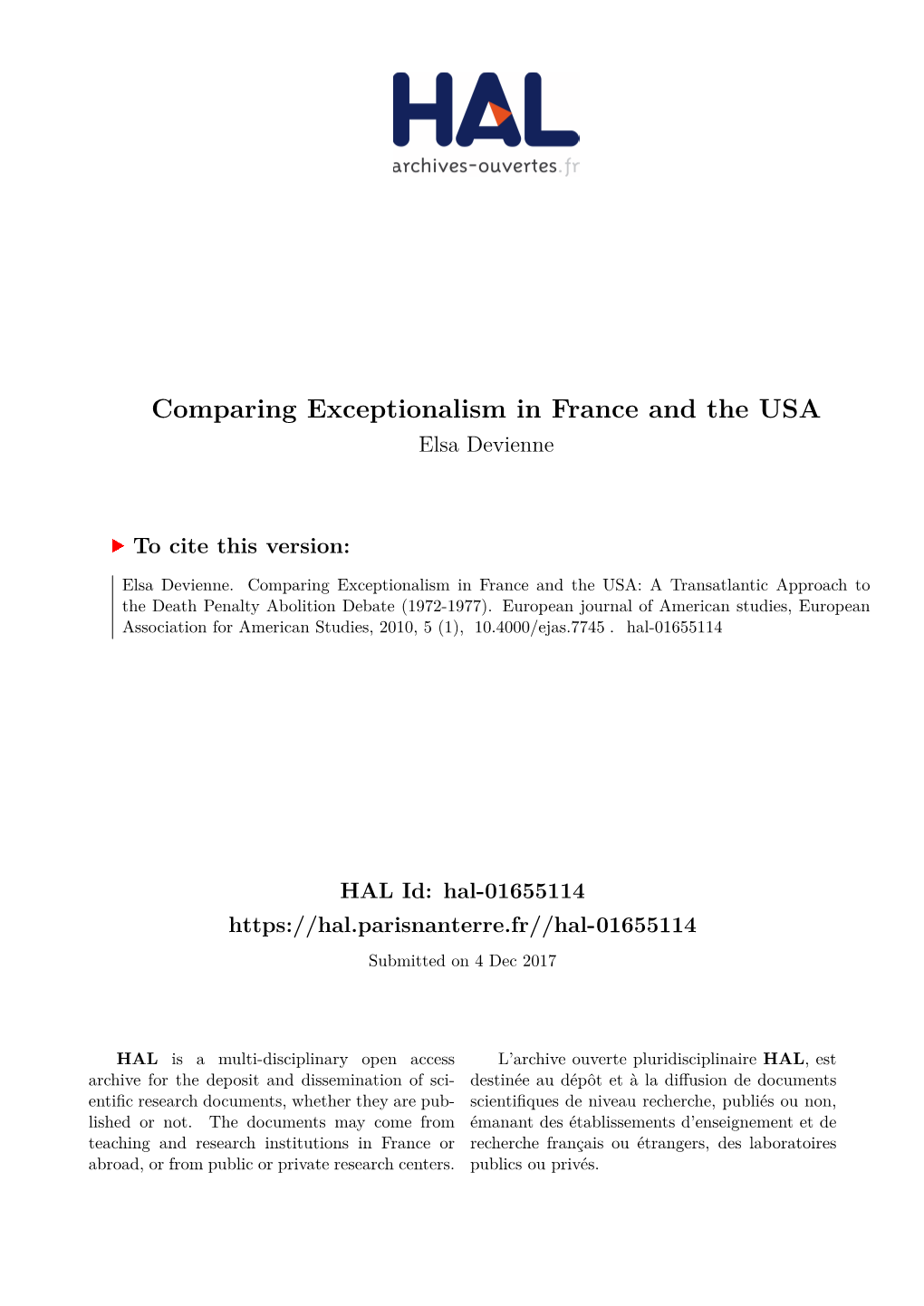 Comparing Exceptionalism in France and the USA Elsa Devienne