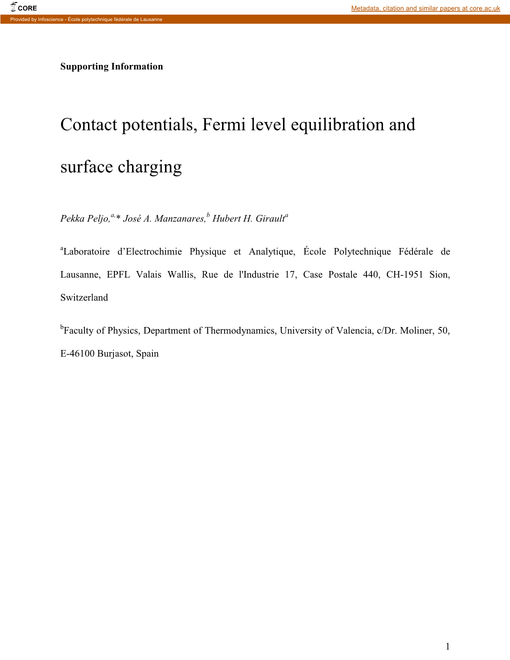 Contact Potentials, Fermi Level Equilibration and Surface Charging