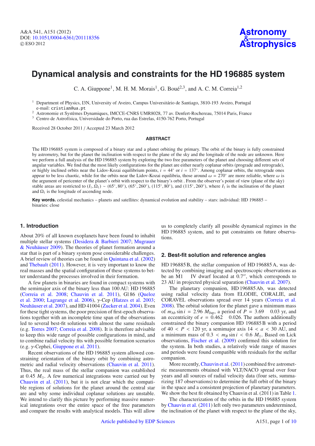 Dynamical Analysis and Constraints for the HD 196885 System