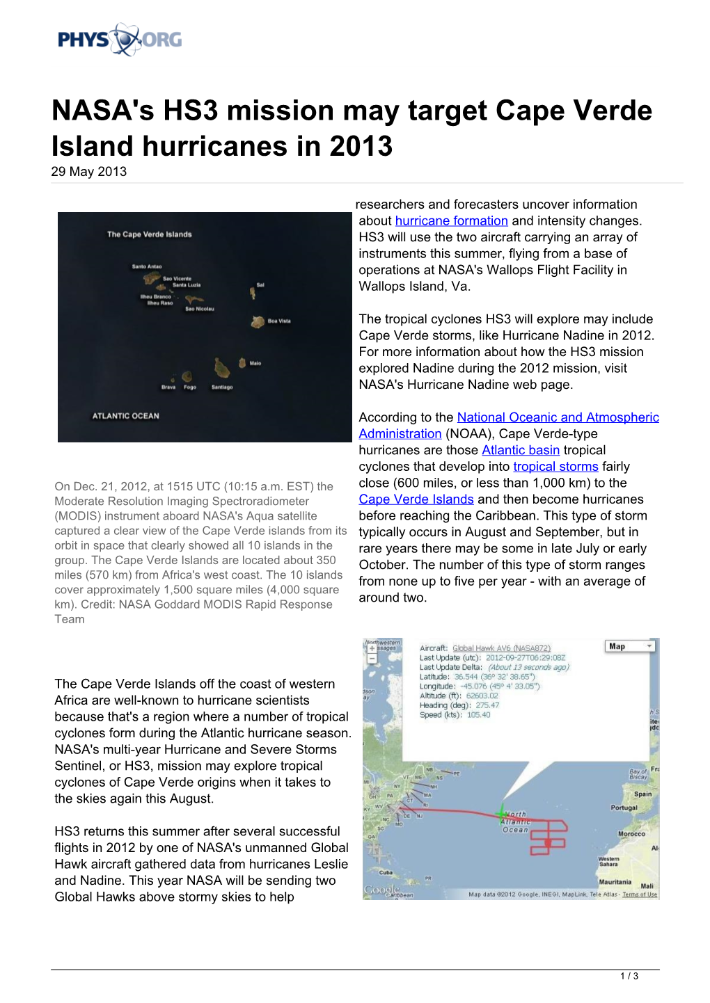 NASA's HS3 Mission May Target Cape Verde Island Hurricanes in 2013 29 May 2013