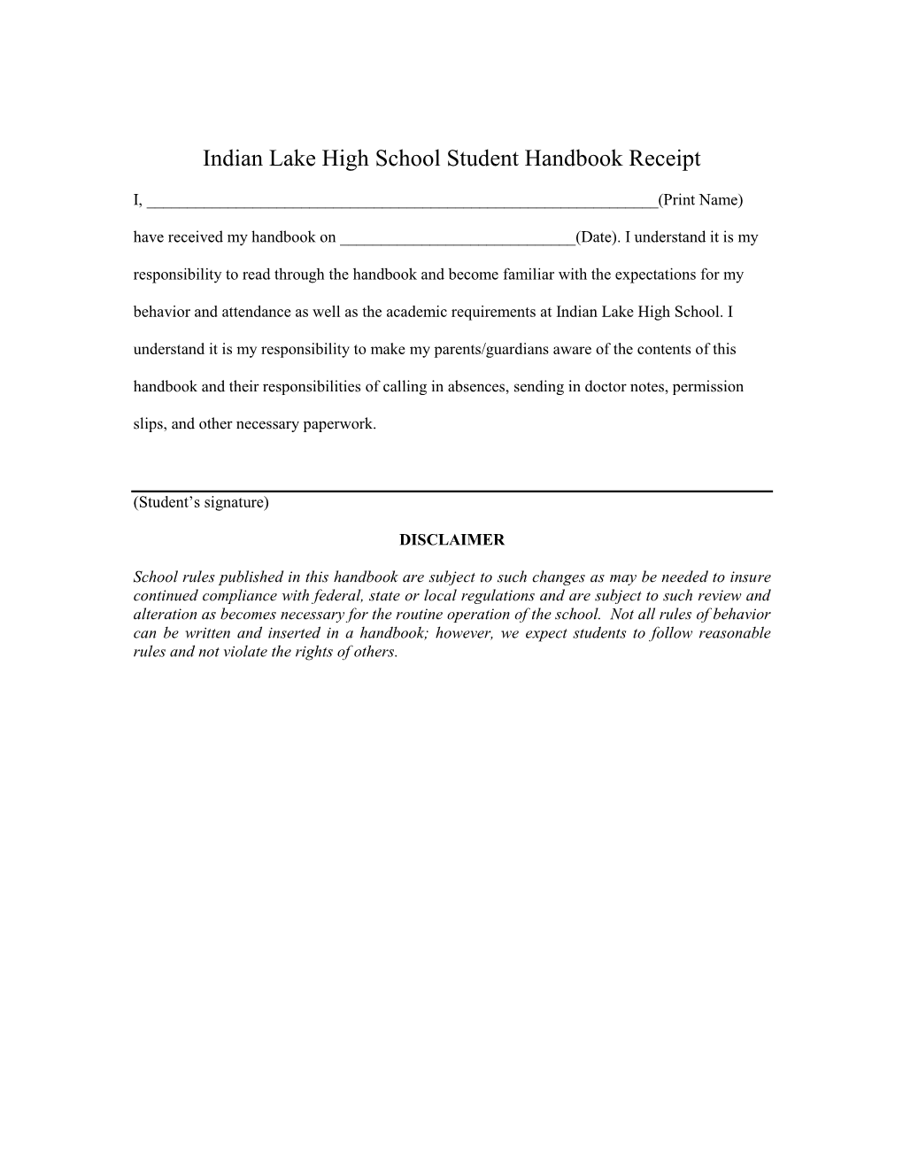 Indian Lake High School Student Handbook Receipt