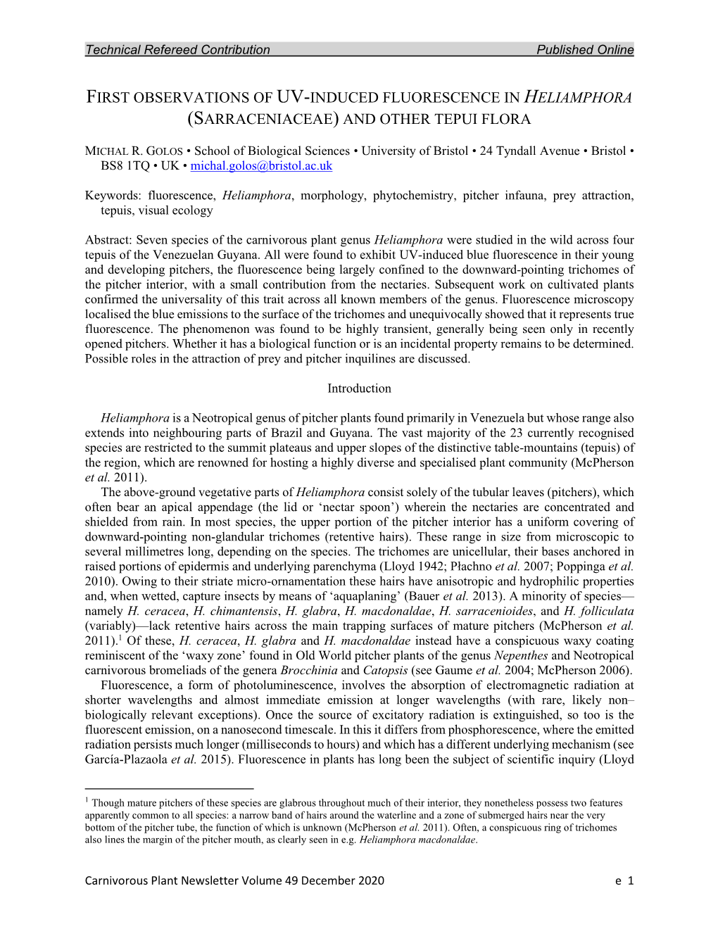 First Observations of Uv-Induced Fluorescence in Heliamphora (Sarraceniaceae) and Other Tepui Flora