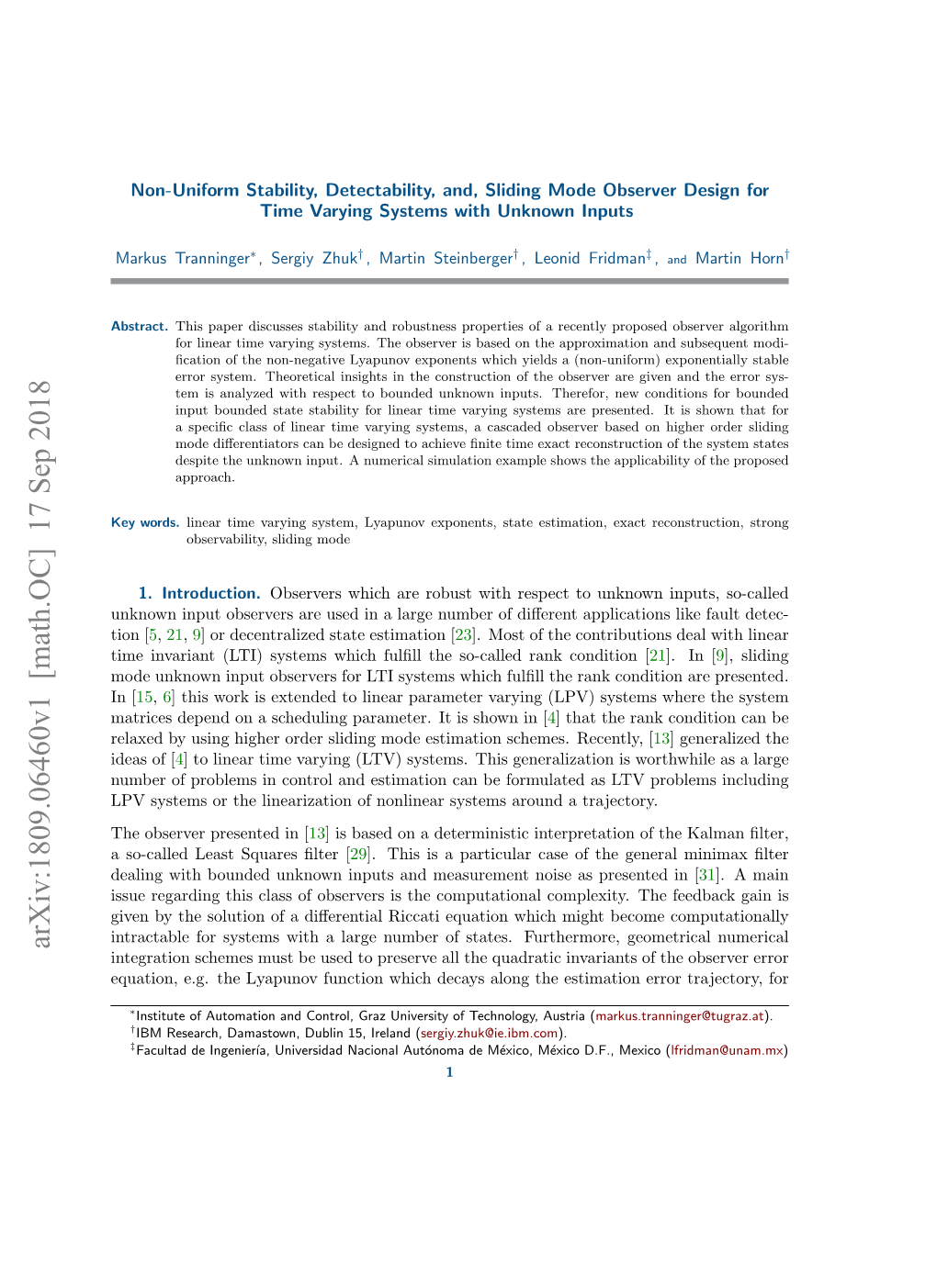 Non-Uniform Stability, Detectability, And, Sliding Mode Observer Design for Time Varying Systems with Unknown Inputs