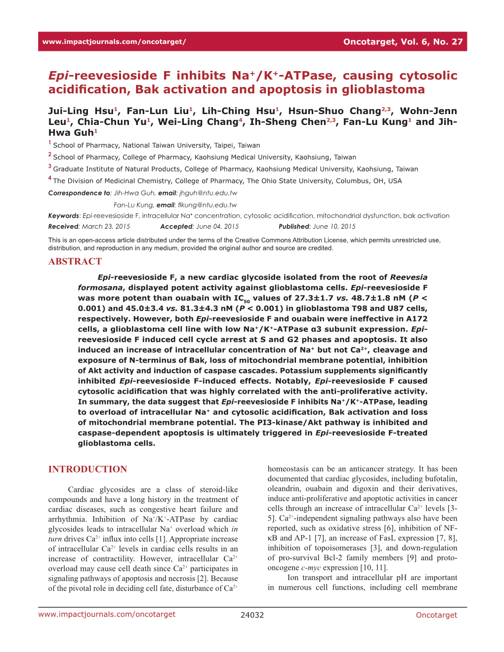 Epi-Reevesioside F Inhibits Na+/K+-Atpase, Causing Cytosolic Acidification, Bak Activation and Apoptosis in Glioblastoma