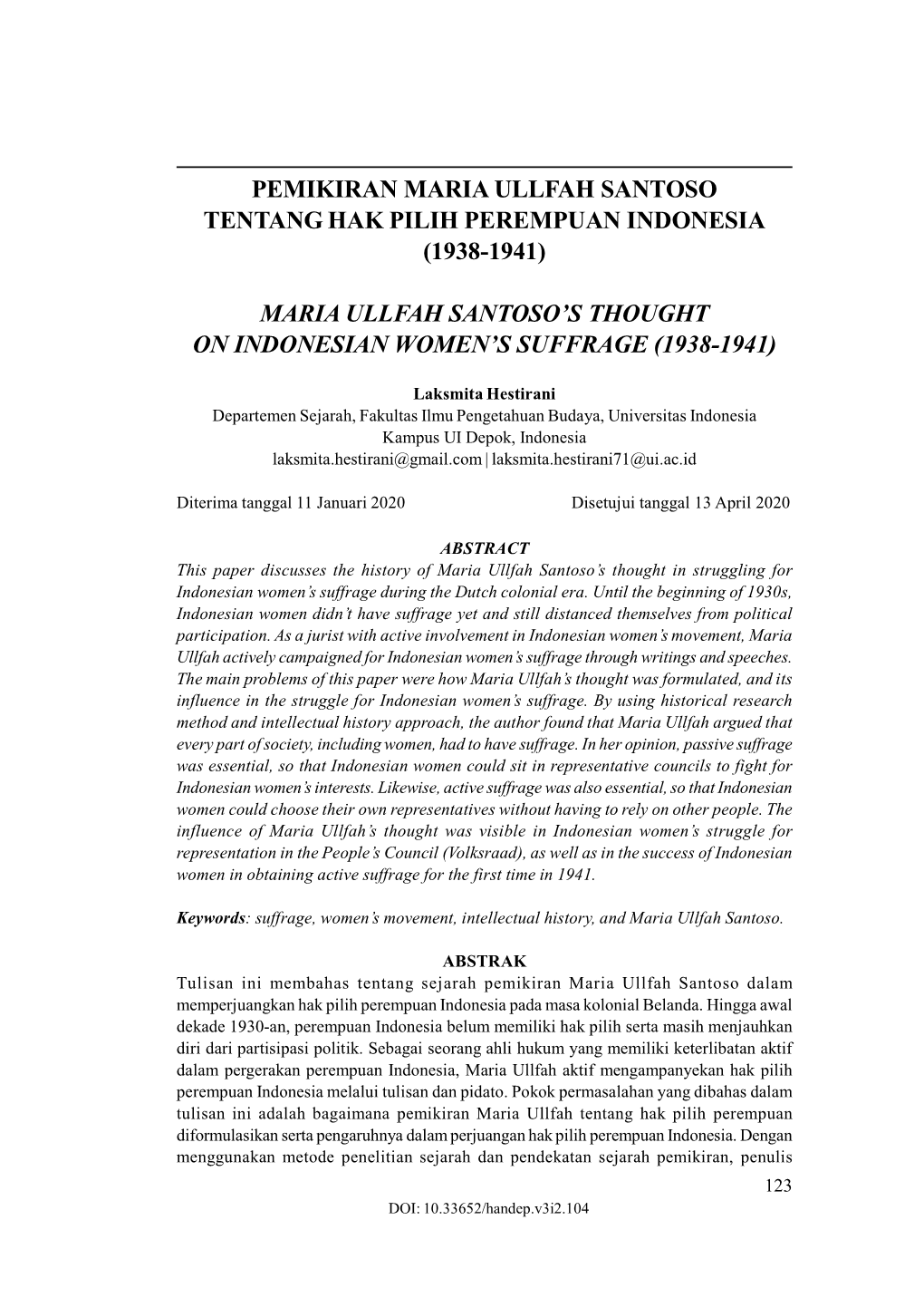 Pemikiran Maria Ullfah Santoso Tentang Hak Pilih Perempuan Indonesia (1938-1941)