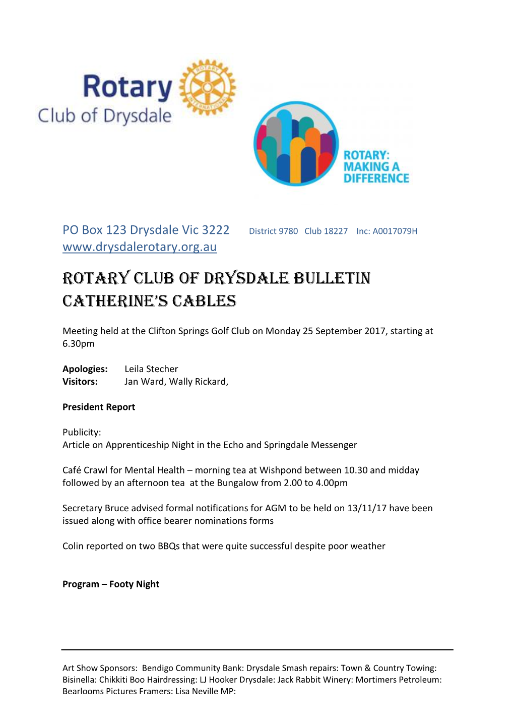 Rotary Club of Drysdale Bulletin Catherine's Cables