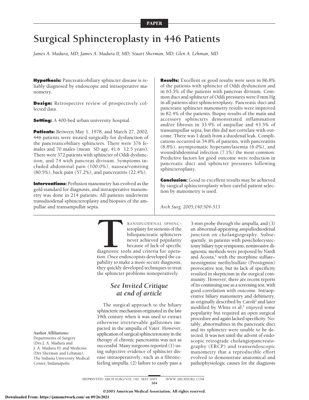 Surgical Sphincteroplasty in 446 Patients