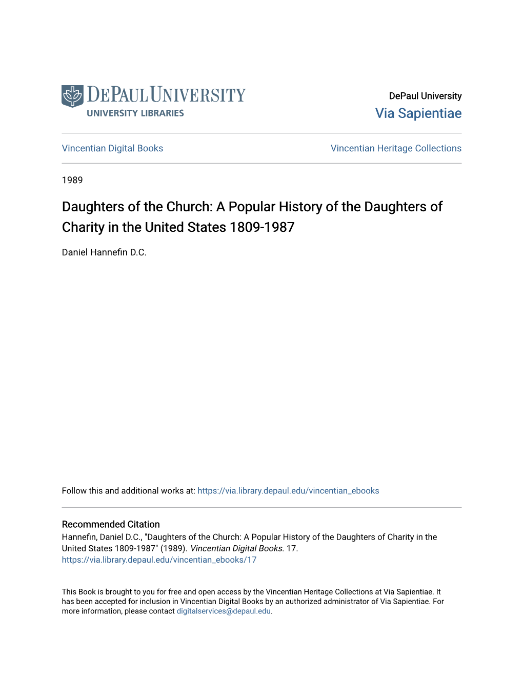 A Popular History of the Daughters of Charity in the United States 1809-1987