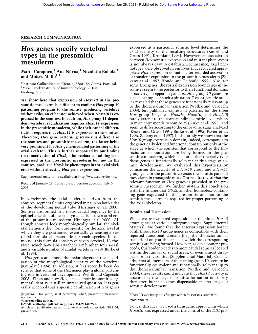 Hox Genes Specify Vertebral Types in the Presomitic Mesoderm