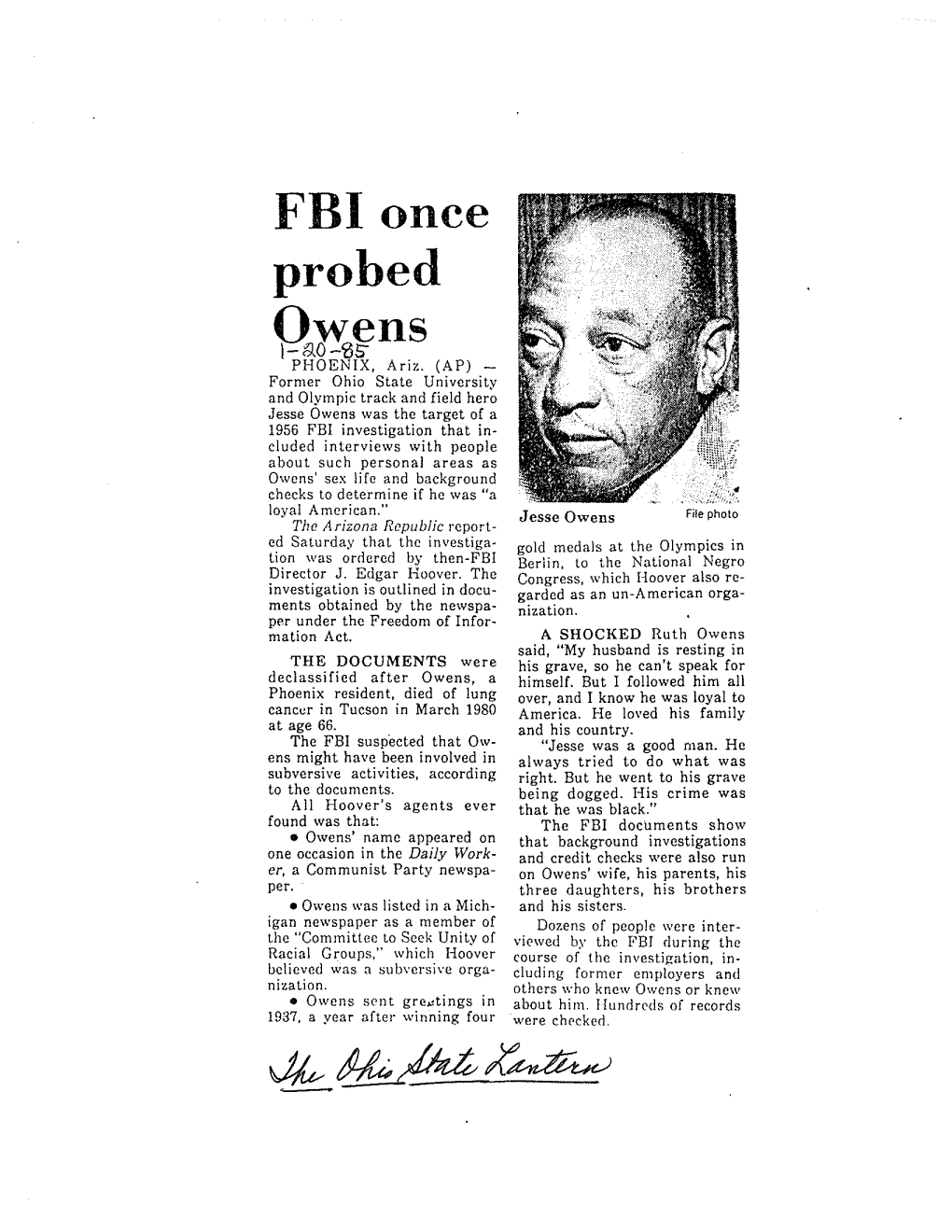 FBI Once Probed Owens 1-~0-'0S- PHOENIX, Ariz