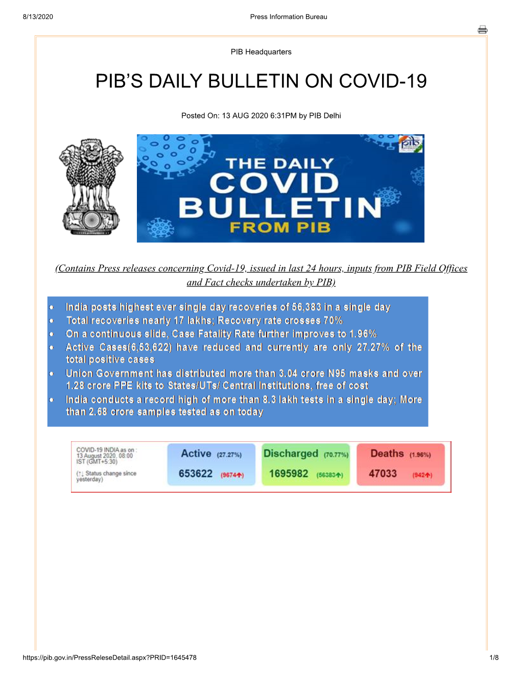 Pib's Daily Bulletin on Covid-19