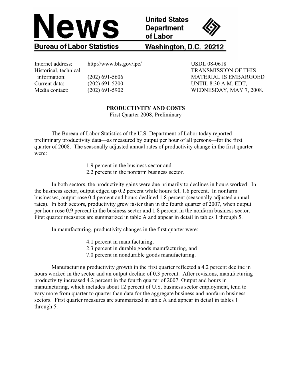 Productivity and Costs, First Quarter 2008, Preliminary