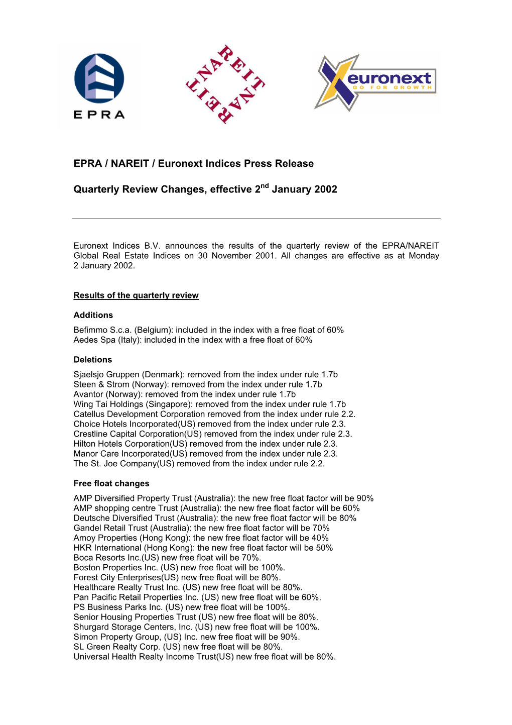 EPRA / Euronext Indices Press Release