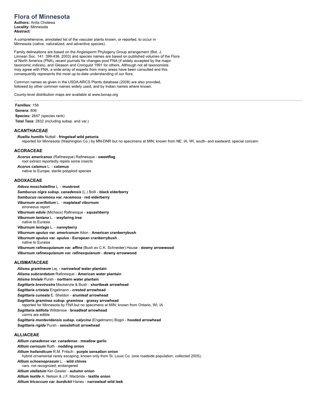 Checklist of the Vascular Plants of Minnesota