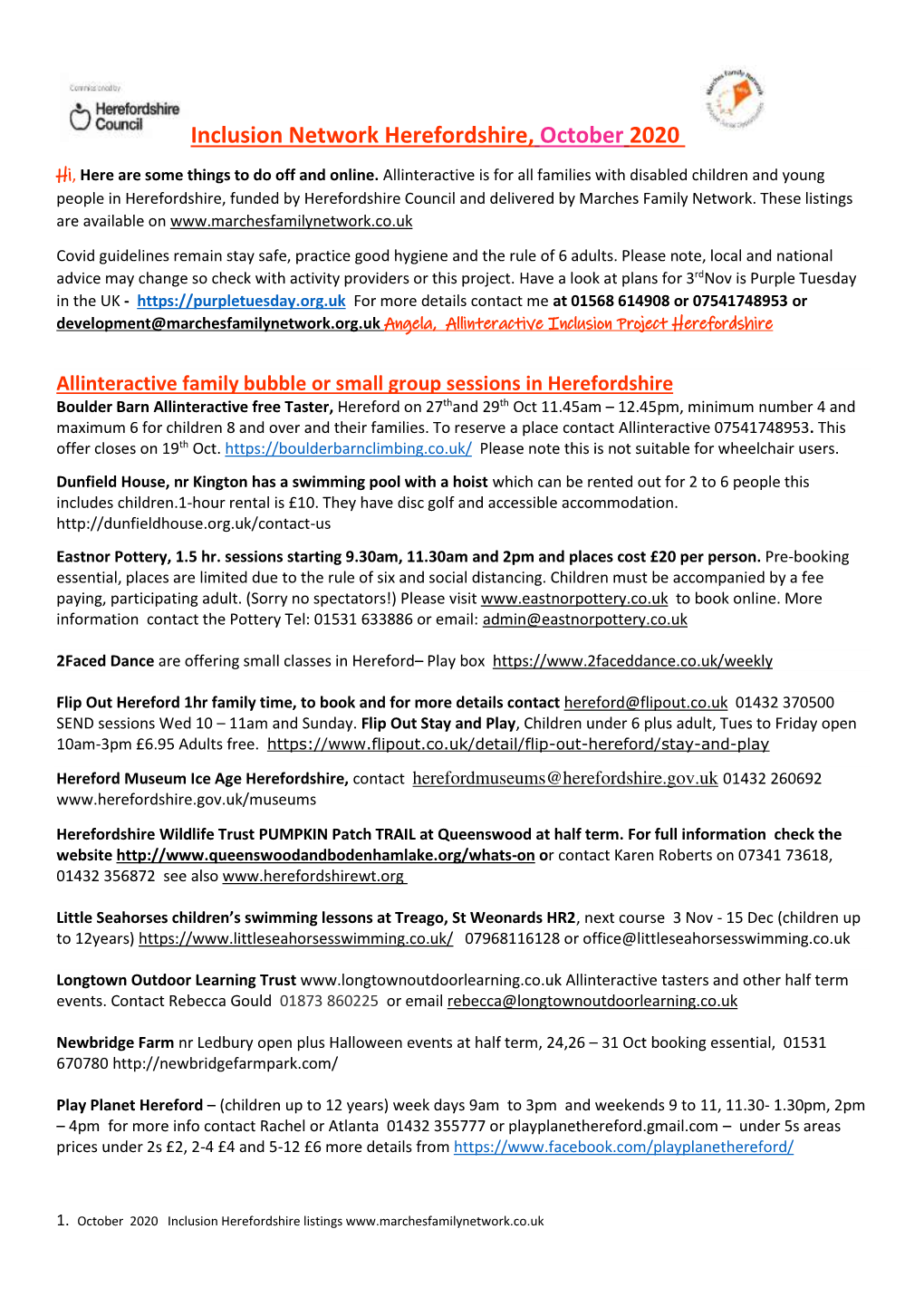 Inclusion Network Herefordshire, October 2020