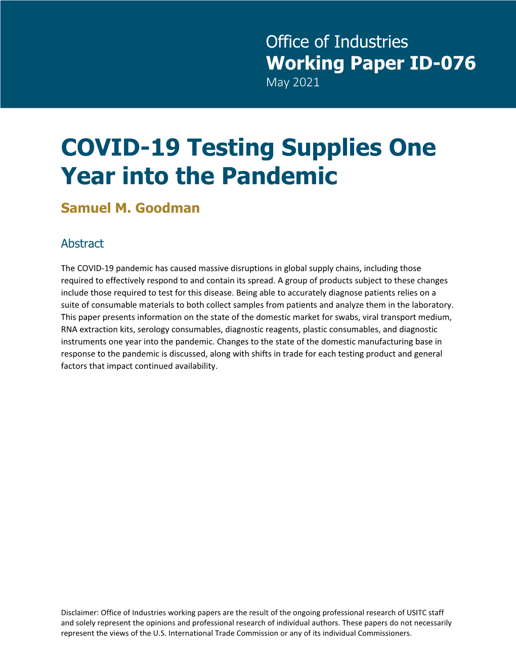 COVID-19 Testing Supplies One Year Into the Pandemic Samuel M