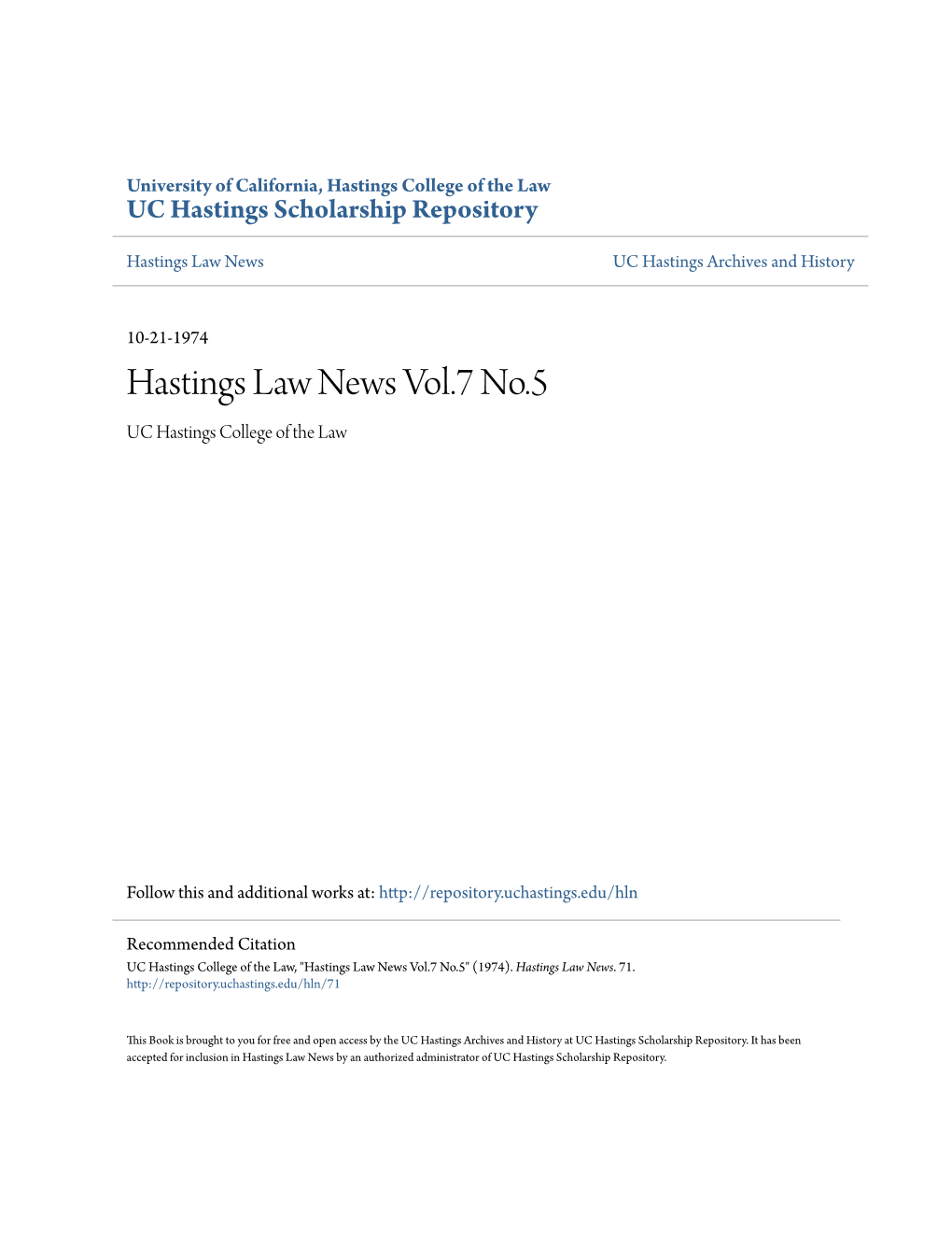 Hastings Law News Vol.7 No.5 UC Hastings College of the Law