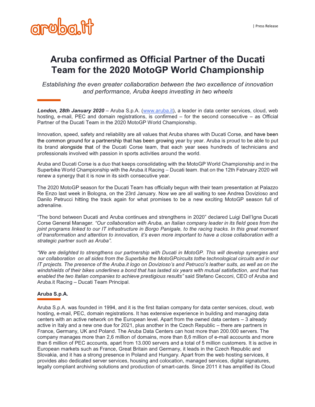 Aruba Confirmed As Official Partner of the Ducati Team for the 2020 Motogp World Championship