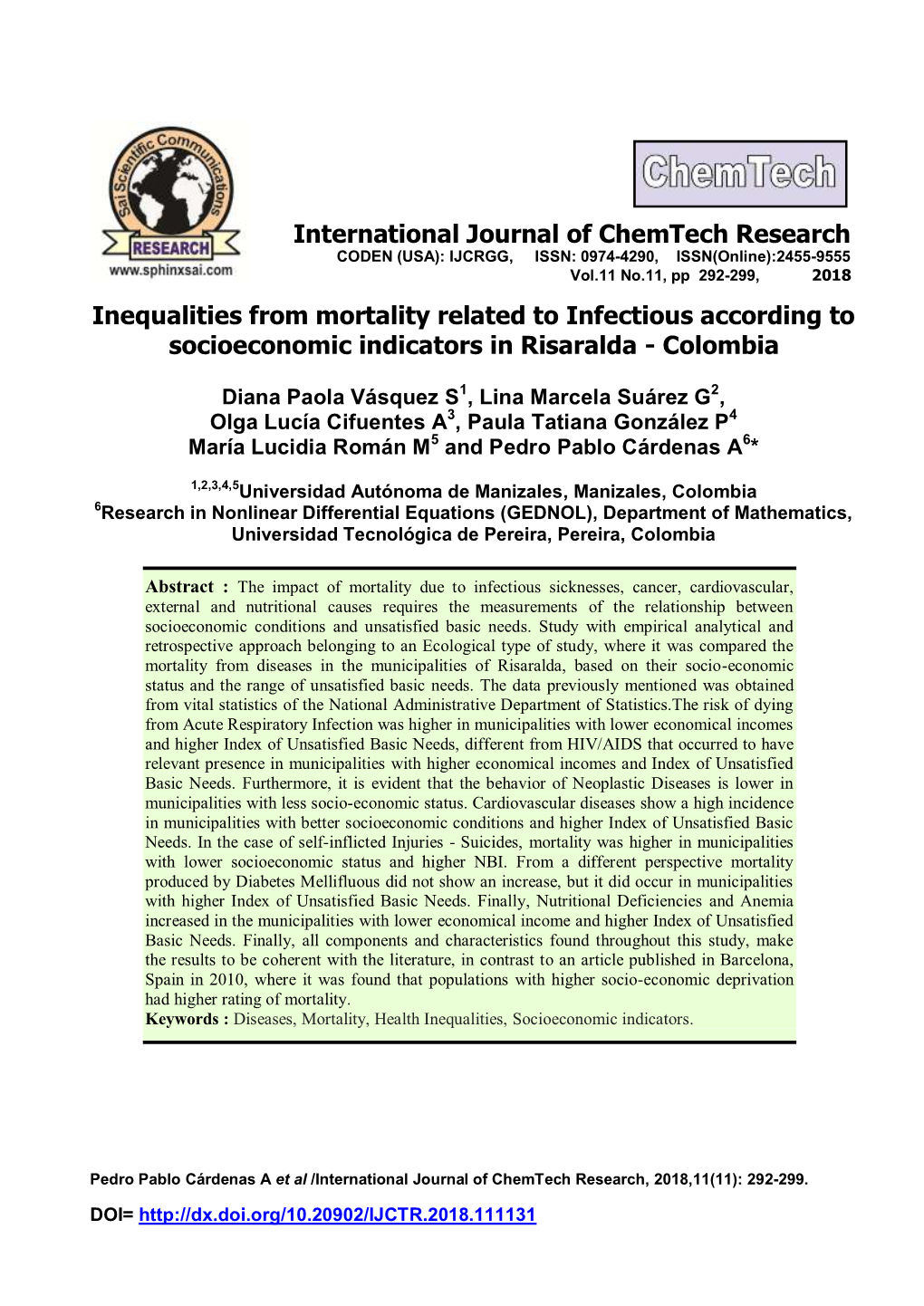 Inequalities from Mortality Related to Infectious According to Socioeconomic Indicators in Risaralda - Colombia