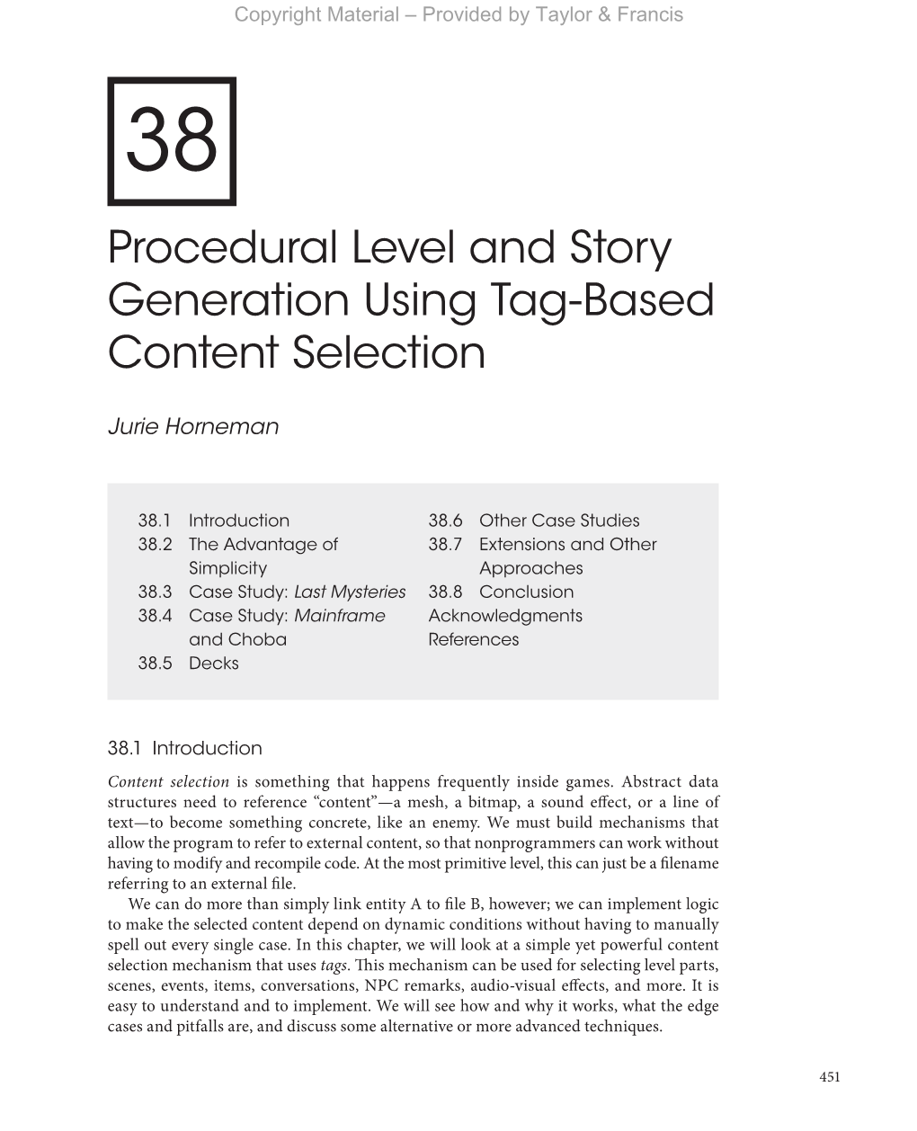Procedural Level and Story Generation Using Tag-Based Content Selection