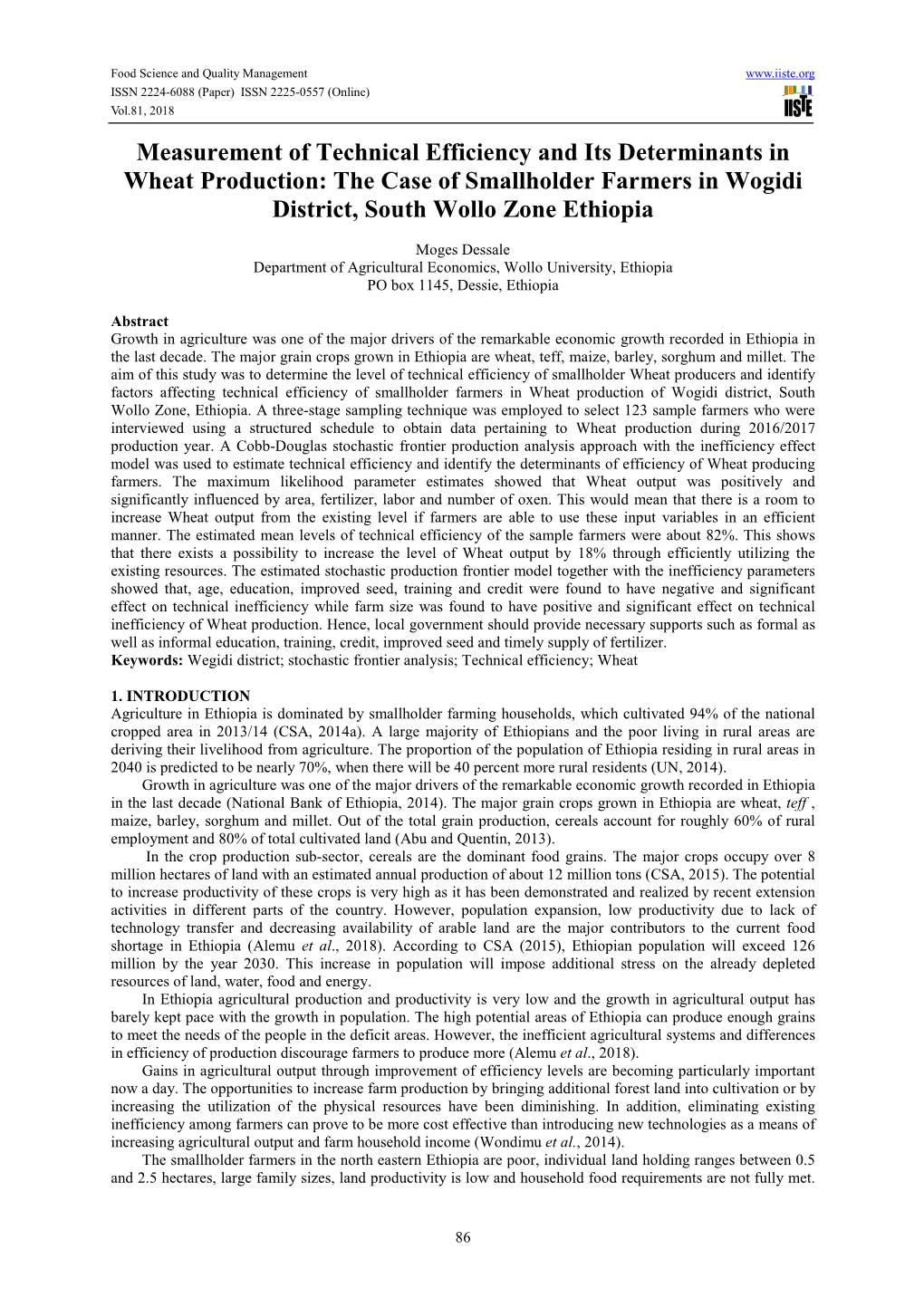 Measurement of Technical Efficiency and Its Determinants in Wheat Production: the Case of Smallholder Farmers in Wogidi District, South Wollo Zone Ethiopia