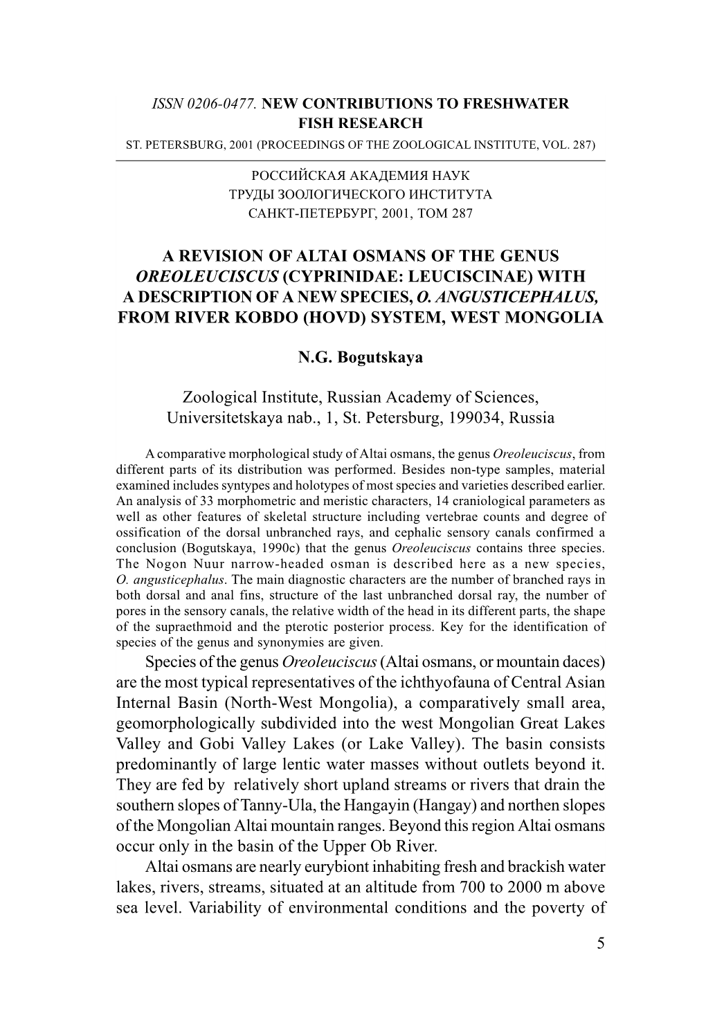 5 a Revision of Altai Osmans of the Genus Oreoleuciscus