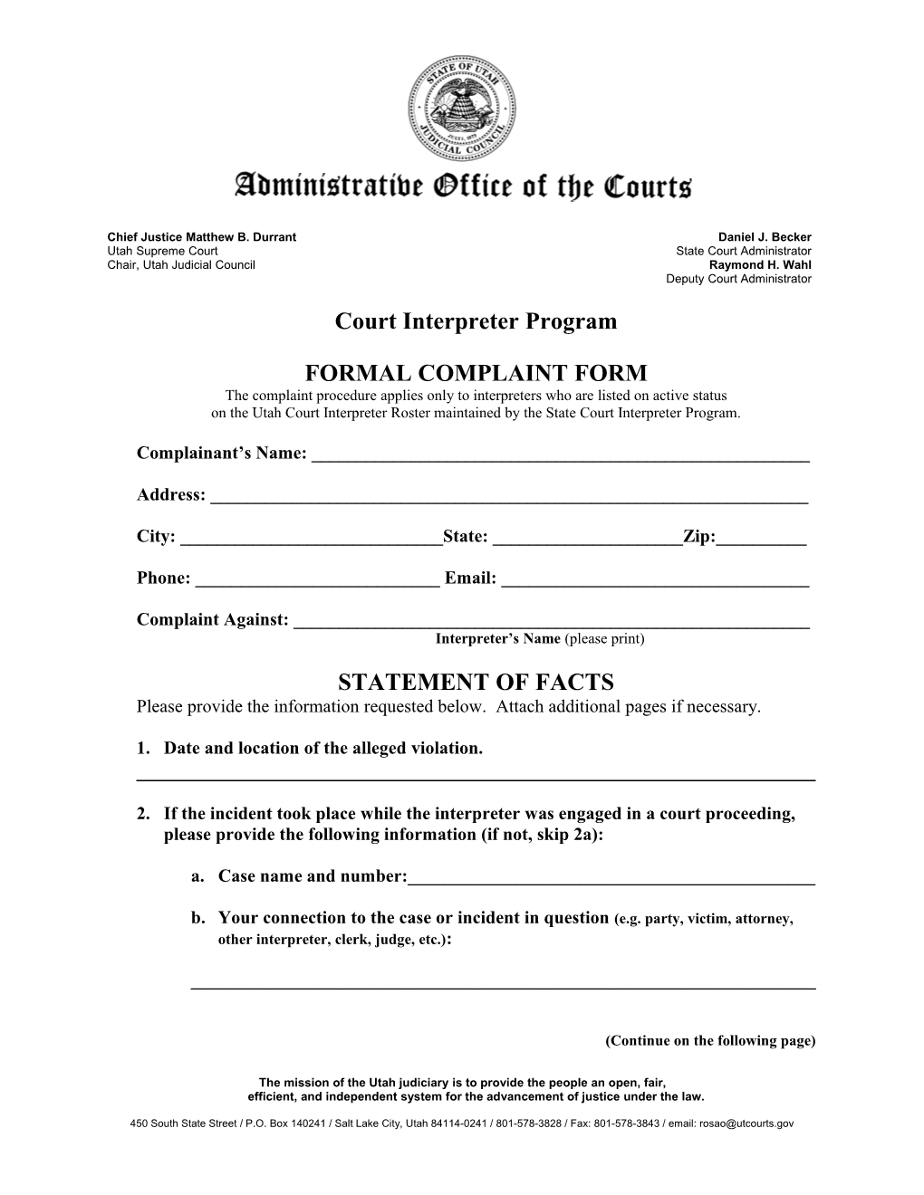 Court Interpreter Program Formal Complaint Form