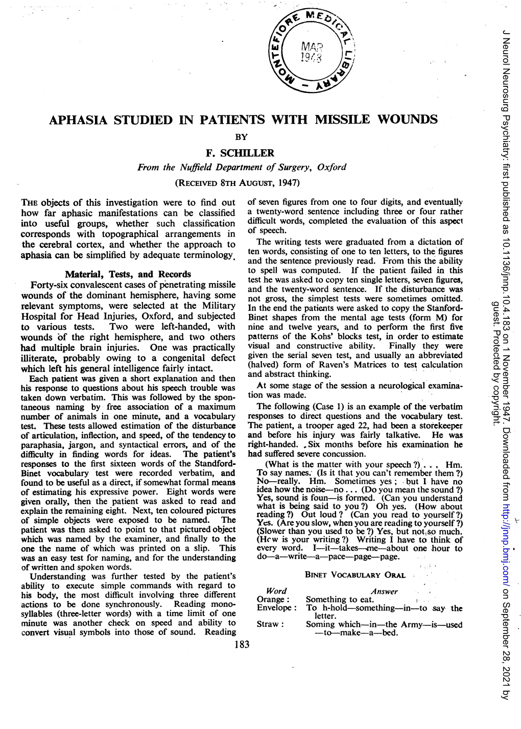 Aphasia Studied in Patients with Missile Wounds by F