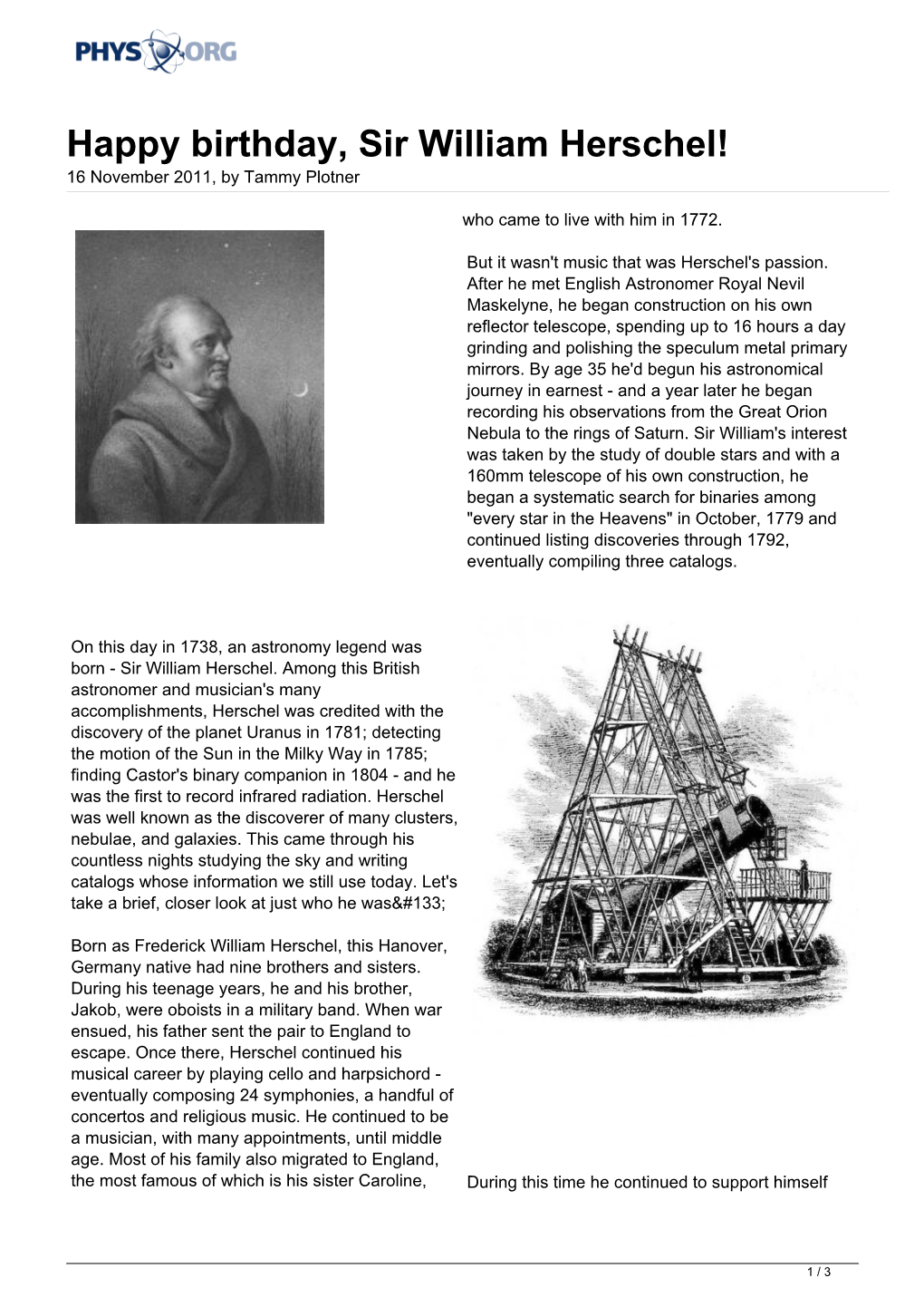 Happy Birthday, Sir William Herschel! 16 November 2011, by Tammy Plotner