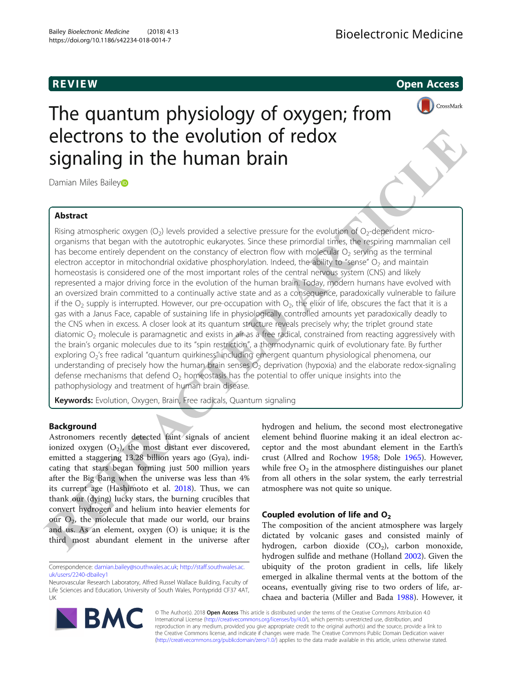 The Quantum Physiology of Oxygen; from Electrons to the Evolution of Redox Signaling in the Human Brain Damian Miles Bailey